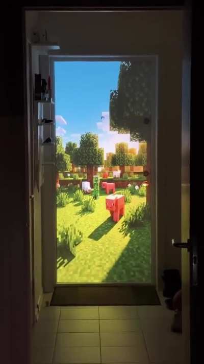 Projection creating a portal to Minecraft